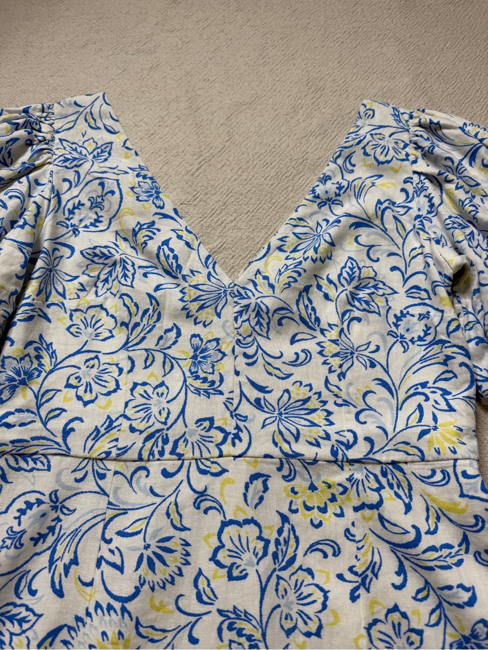 Ann Taylor Linen Puff Sleeve Floral Print Sheath Midi Dress 2 Summer Coastal - Picture 5 of 9